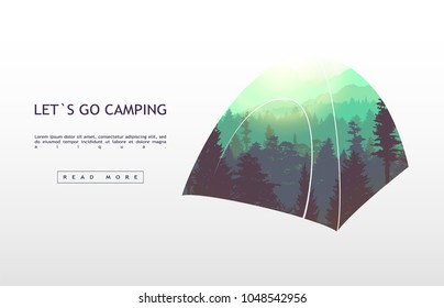 People camping, adventure and travel concept, beautiful forest, mountain and sky, double exposure, vector illustration.