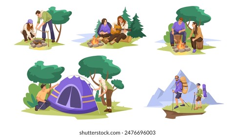 Personas de camping con fogatas, una tienda de campaña, y equipo de senderismo en un bosque y fondo montañoso. Concepto de aventuras al aire libre. Ilustración vectorial