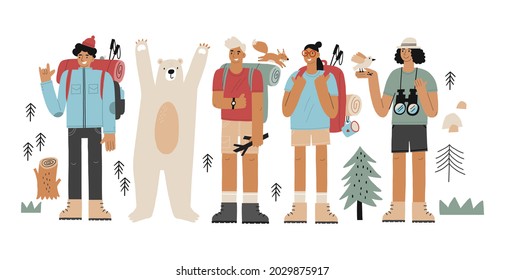 People camping flat vector illustrations. Tourists,  travelers and cute bear cartoon characters. Adventure trip vector illustrations.