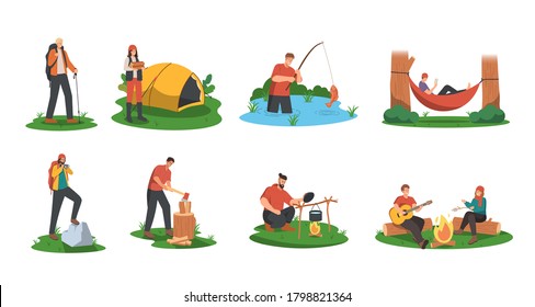 People camping in forest. Hiking, lying on hammock, cooking, sitting around bonfire. Summertime outdoor activities