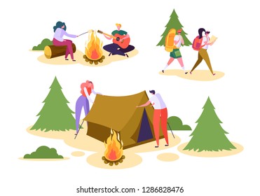 People Camping Forest Nature Set. Man Woman Walk Hiking Backpack in Wildlife Park. Couple Character Roast Marshmallow in Adventure Outdoor Vacation Flat Cartoon Vector Illustration