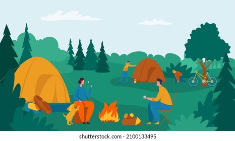 People camping, group of tourists with tent and bonfire. Vector of tourist travel group outdoor with campfire and campsite illustration