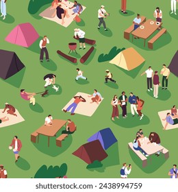 Gente acampando, hacer un picnic en el claro. La familia se divierte en el festival de barbacoa. Los amigos se relajan en la ciudad de tiendas de campaña. Repitiendo patrón de entretenimiento al aire libre, recreación de vacaciones. Ilustración sin fisuras del vector plano