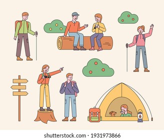 People camping and hiking. flat design style minimal vector illustration.