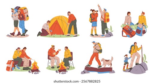 People camping and hiking in nature surroundings. Vector in flat style, isolated characters setting tent, frying marshmallow on bonfire, talking and drinking tea. Holidays and weekends outdoors