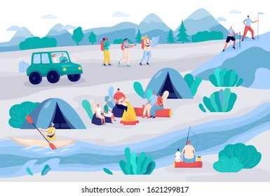 People camping and hiking in nature, vector illustration. Outdoor activity cartoon characters, tent camp near river, summer adventures. Trekking and backpacking in mountains, summer camp vacation