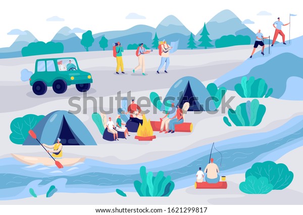 People camping and hiking in nature, vector\
illustration. Outdoor activity cartoon characters, tent camp near\
river, summer adventures. Trekking and backpacking in mountains,\
summer camp vacation