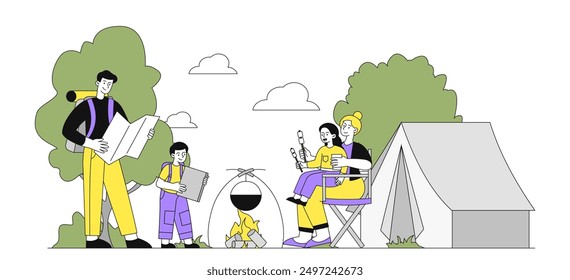 Personas con camping. Hombre y mujer con niños sentados cerca de tiendas de campaña. Estilo de vida activo y ocio al aire libre. Familia de turistas y viajeros. Ilustración vectorial lineal aislada sobre fondo blanco