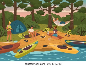 Gente acampando en un río y sentada alrededor del fuego. Campamento con fogata, carpa y canoa. Ilustración de vectores deportivos de aventura acuática. Hombre y mujer descansando después de hacer rafting, kayak, canotaje