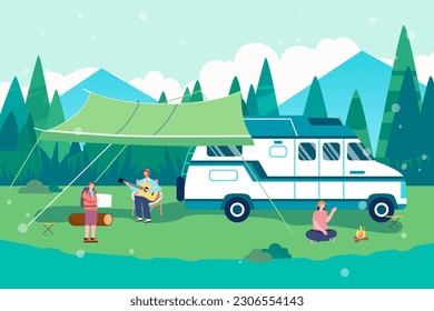 People camping outside in summer with lawn and forest in the background, vector illustration