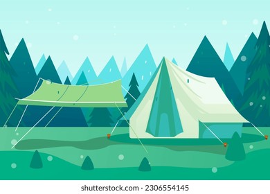 People camping outside in summer with lawn and forest in the background, vector illustration