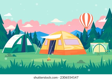 People camping outside in summer with lawn and forest in the background, vector illustration