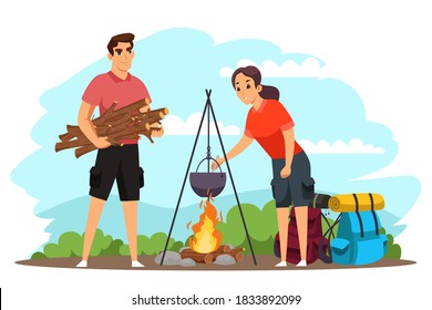 People camping, preparing food in boiling pot. Couple traveling on adventure, trekking stopping to eat with backpacks. Tourist outdoor scene vector illustration. Cooking food on bonfire.