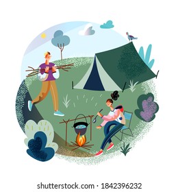 People camping, preparing food in boiling pot. Couple traveling on adventure, trekking stopping to eat with backpacks. Tourist outdoor scene vector illustration. Cooking food on bonfire.