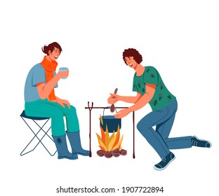 People camping and preparing food in boiling pot on bonfire. Couple traveling and trekking stopping to rest. Hiking tourists young family couple, flat vector illustration isolated on white.