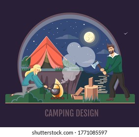 People camping in the wild nature. Outdoor adventure. Flat style vector illustration. Night scene