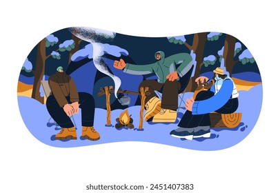 Menschen Camping im Winterwandern. Glückliche Touristen stellen Zelt im Wandern auf. Freunde sitzen in der Nähe von Lagerfeuer, wärmen, reden. Wanderer entspannen im Schneewald. Flache isolierte Vektorillustration auf weißem Hintergrund