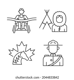 People of Canada linear icons set. Mounted police uniform. Inuit nationality. Canadian horse. Customizable thin line contour symbols. Isolated vector outline illustrations. Editable stroke
