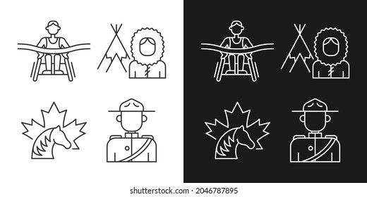 People of Canada linear icons set for dark and light mode. Mounted police uniform. Inuit nationality. Customizable thin line symbols. Isolated vector outline illustrations. Editable stroke