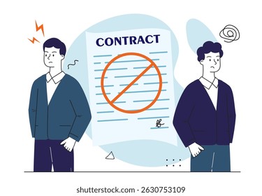 People cancel contract. Two men break deal. Partnership ends, workplace conflict and scandal. Bad deal and agreement. Problems in career. Linear vector illustration