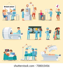 People and cancer disease collection with doctors patients medical examinations diagnostics tests in hospital isolated vector illustration