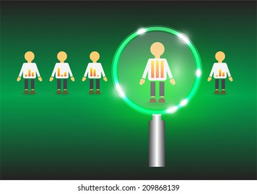 People candidate and human resources (hr) search for business concept vector design. Consist of person icon and magnifying glass. To find, looking, choosing and selection of best man for job career.