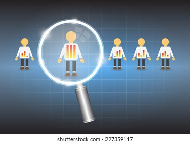 People candidate and human resources (hr) search for business concept vector design. Consist of person icon and magnifying glass. To find, looking, choosing and selection of best man for job career.