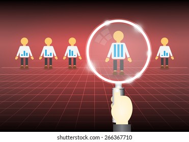 People candidate and human resources (hr) search for business concept vector design. Consist of person icon, hand and magnifying glass. To find, looking, choosing and selection of best man for job.