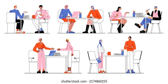 People candidates on job interview, get work offer and rejection. Vector flat illustration of hiring company workers, staff recruitment with hr managers talk with persons in office