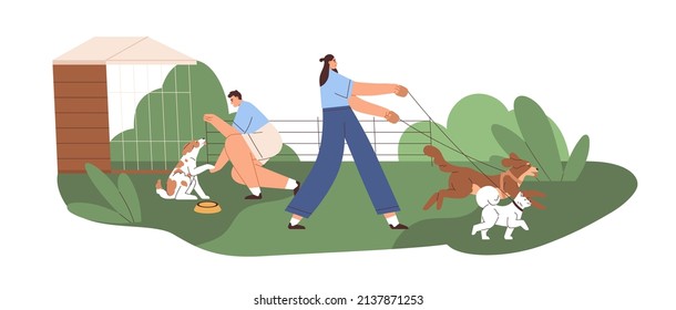 People at canine shelter, walking, training and feeding dogs. Pet sitters, walkers with doggies. Volunteers care about puppies, animals on yard outdoors. Flat vector illustration isolated on white