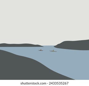 People canoeing in the lake with mountain view. Enjoying summer adventure. Water Sports, Active Recreation. Beautiful scenery