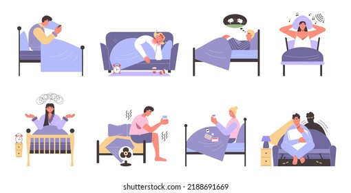 La gente no puede dormir en la cama. Personajes inútiles que sufren de diferentes causas de insomnio. Contar ovejas al vector de sueño Conjunto de ilustraciones. Triste despierto hombre y mujer preocupados por las pesadillas, ruido fuerte