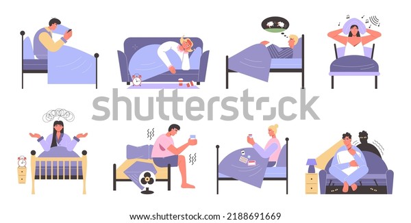 People cant sleep in bed. Sleepless characters\
suffering from different causes of insomnia. Count sheep to sleep\
vector Illustration set. Sad awake man and woman worrying about\
nightmares, loud noise