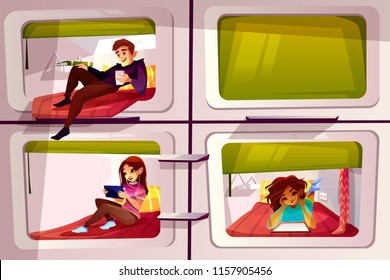 People in capsule hotel vector illustration of young boy and girl traveler in pod hostel. Backpacker students in room interior chat on smartphone or watch internet tablet and drink coffee on bed