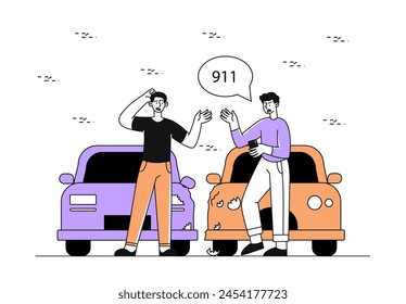 People with car accident linear. Two men scream at each other near violet and orange broken transport. Drivers near crashed auto. Doodle flat vector illustration isolated on white background