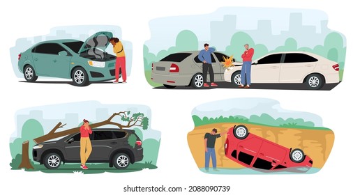 People in Car Accident on Road, Driver Characters Stand on Roadside with Broken Automobile, Open Hood and Steam, Tree Fall on Roof, City Traffic Scenes with Auto Breaking. Cartoon Vector Illustration