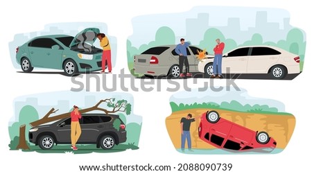 People in Car Accident on Road, Driver Characters Stand on Roadside with Broken Automobile, Open Hood and Steam, Tree Fall on Roof, City Traffic Scenes with Auto Breaking. Cartoon Vector Illustration
