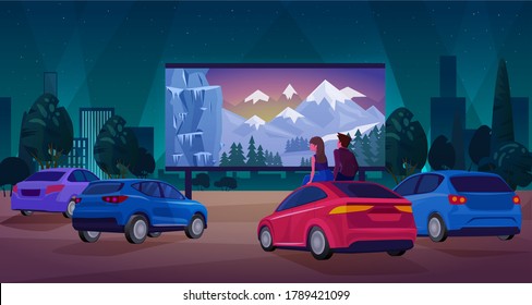 People in car cinema concept vector illustration. Cartoon character couple sitting, watching movie at big screen at open air cinema theater, outdoor car film festival at night, background