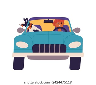People in car concept. Man and woman drive in transport. Travel and trip. Holiday and vacation. Owner and pet in vehicle. Cartoon flat vector illustration isolated on white background