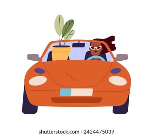People in car concept. Woman with flowerpot drive in transport. Travel and trip. Holiday and vacation. Girl with buyings. Cartoon flat vector illustration isolated on white background