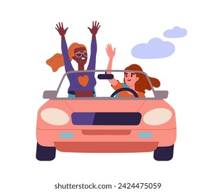 People in car concept. Women drive in transport. Travel and trip. Holiday and vacation. Young girls rest in summer day. Cartoon flat vector illustration isolated on white background