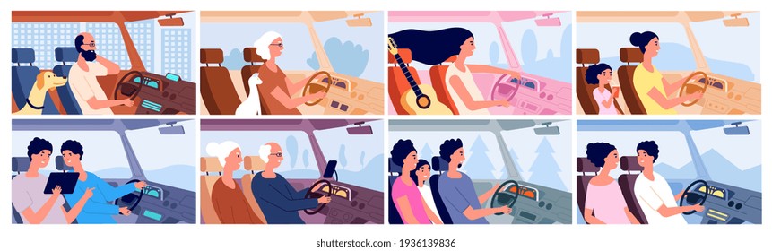 People in car. Driver highway, drive vehicle or transportation. Man in trip, family travel together. Persons road adventures utter vector scenes