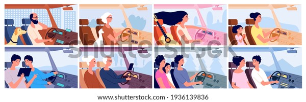 People in car. Driver highway, drive vehicle or\
transportation. Man in trip, family travel together. Persons road\
adventures utter vector\
scenes