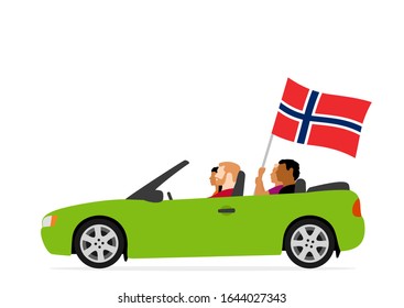 People In Car With Norway Flag