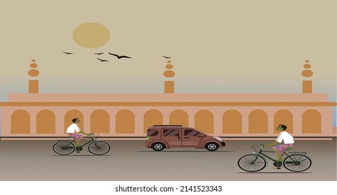 People and car are running in-front a mosque and some birds are trying to go her home at afternoon time.