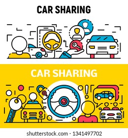 People car sharing banner set. Outline set of people car sharing vector banner for web design
