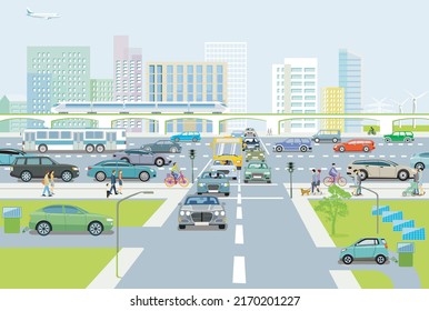 People and car traffic in the city illustration