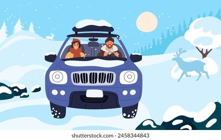 People in car travel. Cute driver and passenger. Vehicle front view. Winter trip. Family driving on snow covered road. Snowy landscape. Automobile adventure vacation