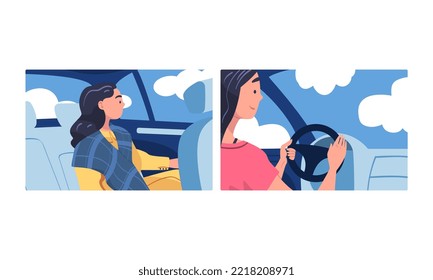 People in car. Woman auto drivers driving automobile, girl passenger sitting in back seat of car cartoon vector illustration