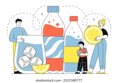 People with carbonated sweet water. Soda and lemonade with ice cubes. Refreshing cold drinks for hot weather and summertime. Linear vector illustration isolated on white background